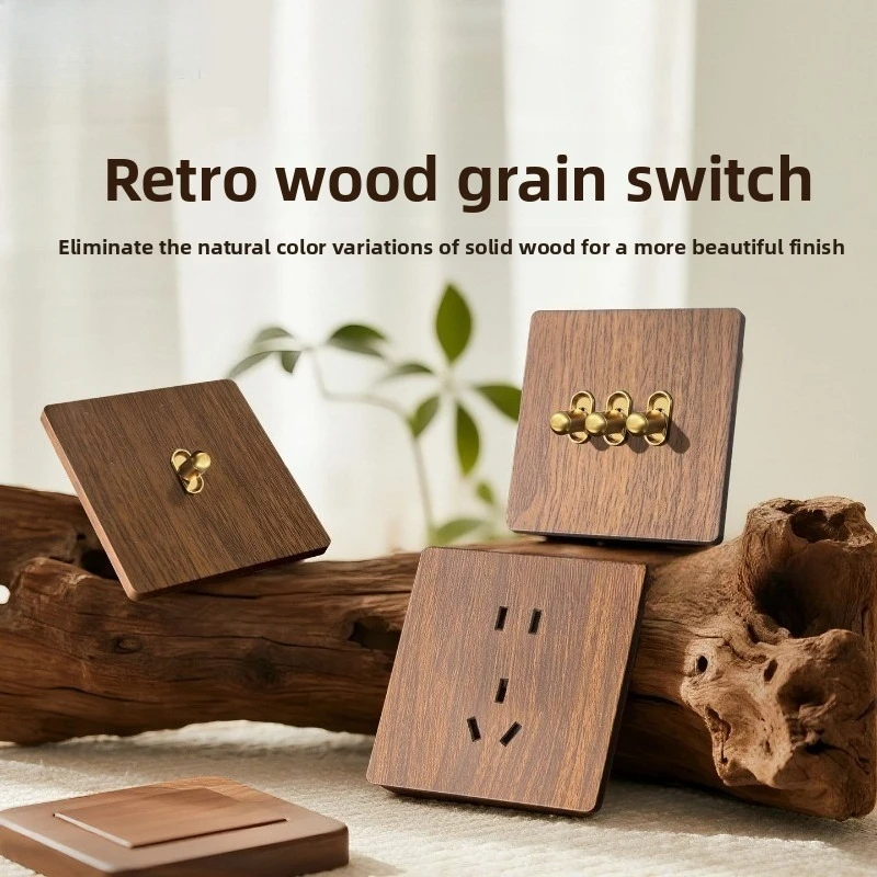 Flush‑Mounted Retro Toggle Switch Socket Panel Chinese Style Walnut Wood Grain Wall Switches Sockets for B&B Home Decoration
