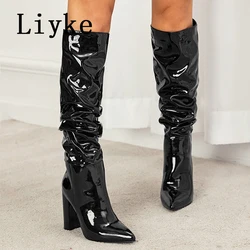 Liyke 2024 Autumn Winter Pleated Patent Leather Knee High Boots Female Pointed Toe Slip On Motorcycle Shoes Women Square Heels