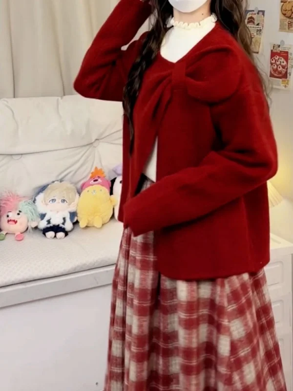 Nó vermelho solto longo sve camisola feminina inverno novo sle malha topo casual commute sle médio softn