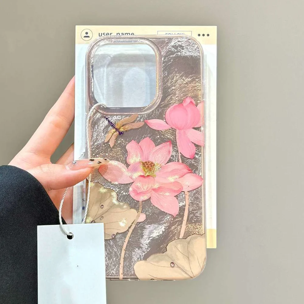 Funda de teléfono con diseño de lámina de loto rosa de estilo chino para iPhone 16 15 14 13 12 11 Pro Max Plus INS Art cubierta protectora a prueba de golpes