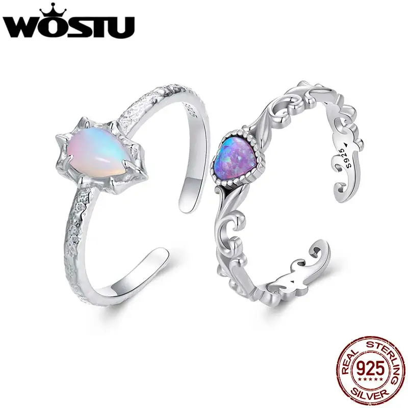 WOSTU 925 Sterling Silver Retro Flower Rose Opal Solitaire Rings Teardrop Fire White Opals Stackable Jewelry Gift For Mom Lover