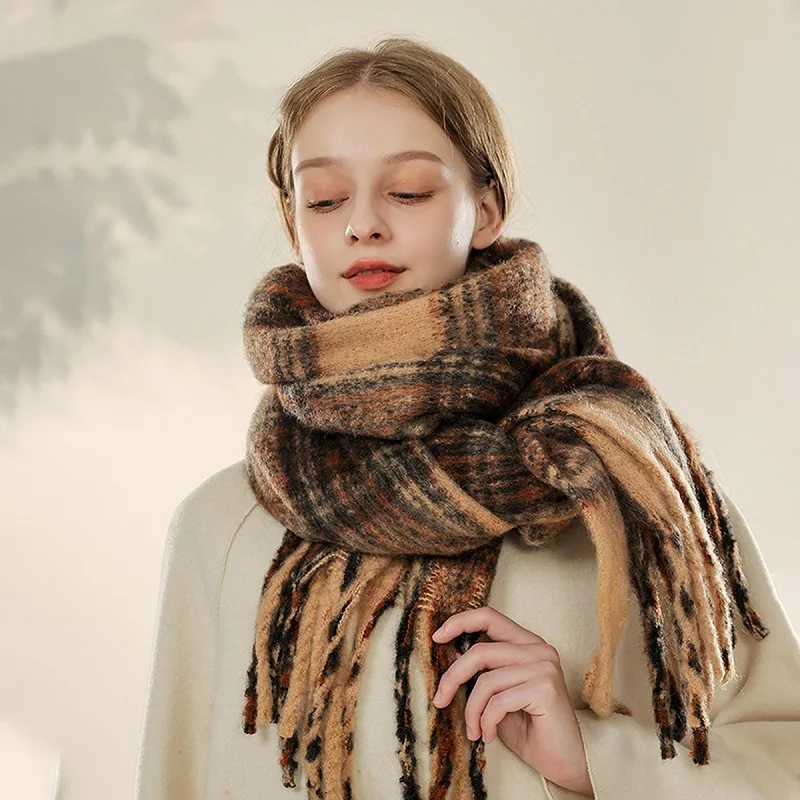 Plaid Striped Cashmere Scarf Shawl Brown Tassel Neckerscarf Women Winter Warm Blanket Stoles Thick Pashmina 2024 Fashion Scarf