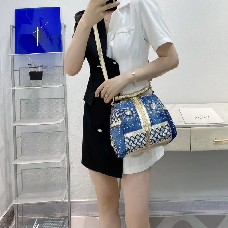 

New style denim woven women's bag with diamonds tassels single-shoulder oblique back large rhinestones with diamonds small bag