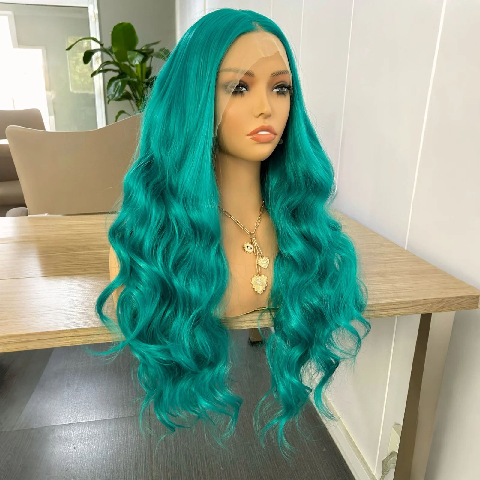 Long Green Wavy Wig for Women Middle Part Teal Blue Body Wave Natural Curly Synthetic Heat Resistant Fiber Daily Party Cosplay