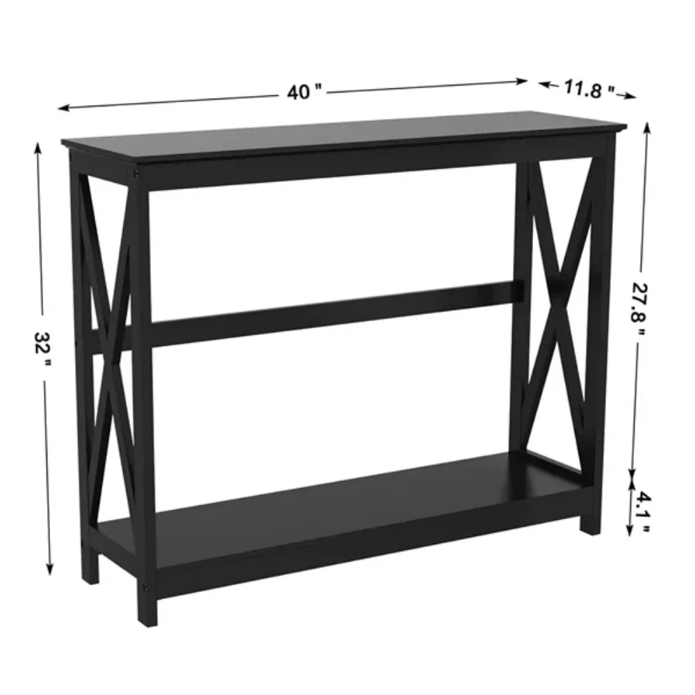 Przejściowy drewniany stół konsolowy X-Design z półka do przechowywania, czarny, 40.00X11.80X32.00 cali