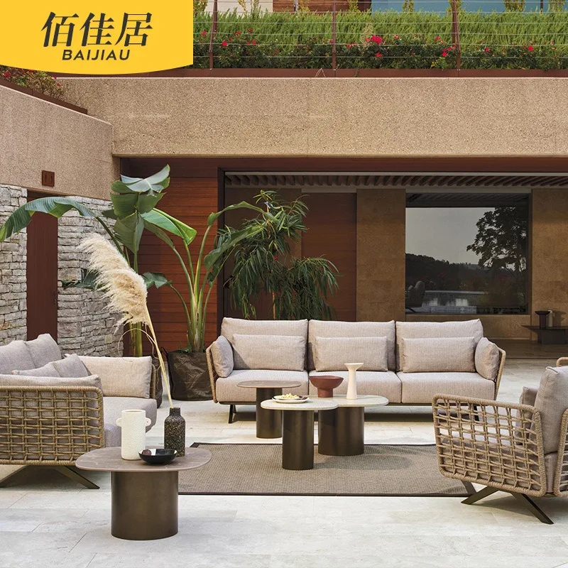 Outdoor Furniture Sofa Combination Open Air Balcony Rainproof Sunscreen Courtyard Villa Hotel Garden Rattan High-end Bed