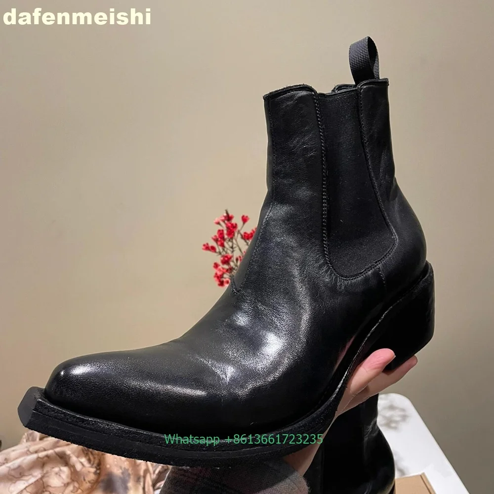 Black Leather Tilt Up Pointed Toe Boots Chunky Heel Platform Slip One Mid-Calf Chelsea Boots 2024 Winter Fashion Short Boots