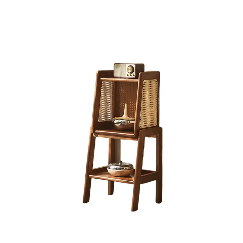 Retro style solid wood small bookshelf shelf, floor rattan bookcase