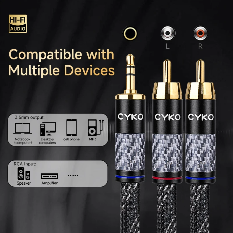 CYKO Hifi 6N OFC كابل الصوت 3.5 مللي متر إلى 2RCA الفاصل RCA جاك 3.5 كابلات Aux مطلية بالذهب التوصيل ذكر إلى ذكر لمكبر صوت الكمبيوتر
