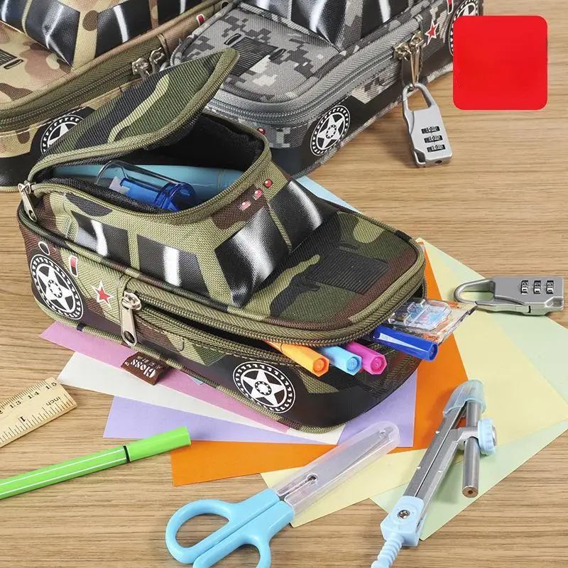 Durable Camouflage Canvas Pencil Box with Lock and Double Zipper for Off Road Vehicle Enthusiasts