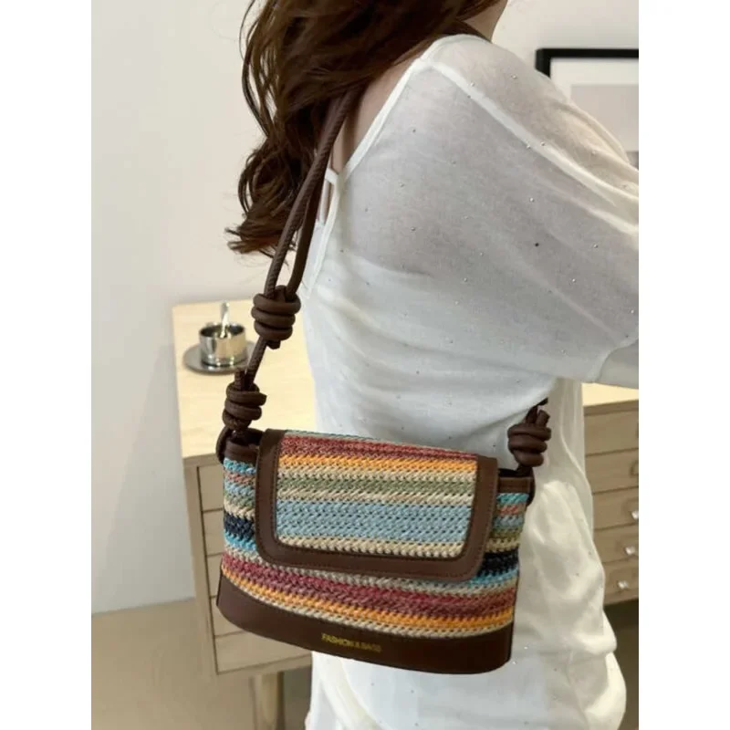 

Foufurieux 2024 New Bohemian Style Grass Woven Colorful Handle Fashion Leisure Holiday Shopping Commuter Business Cross Body Bag
