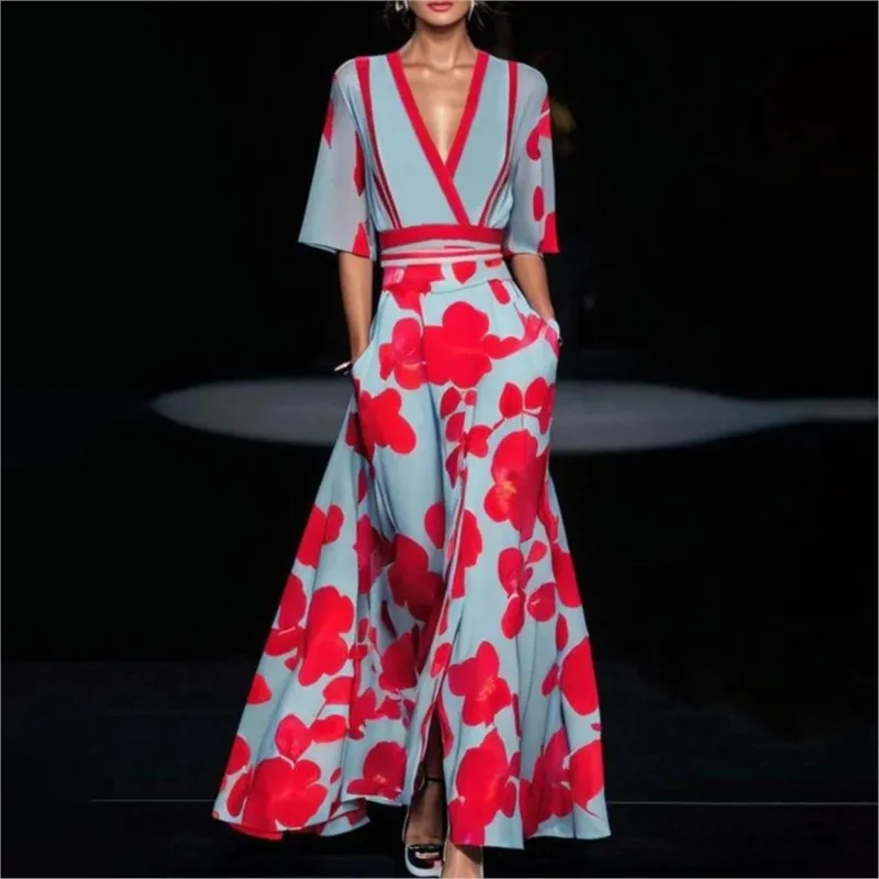 Women Midi Dresses Spring V Neck Belted Party Long Dress Sexy Print Boho Fashion A-Line Dress Short Sleeve Pocket Maxi Dresses