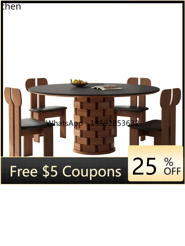 

HH household round dining table medium antique ash wood solid wood rock slab dining table