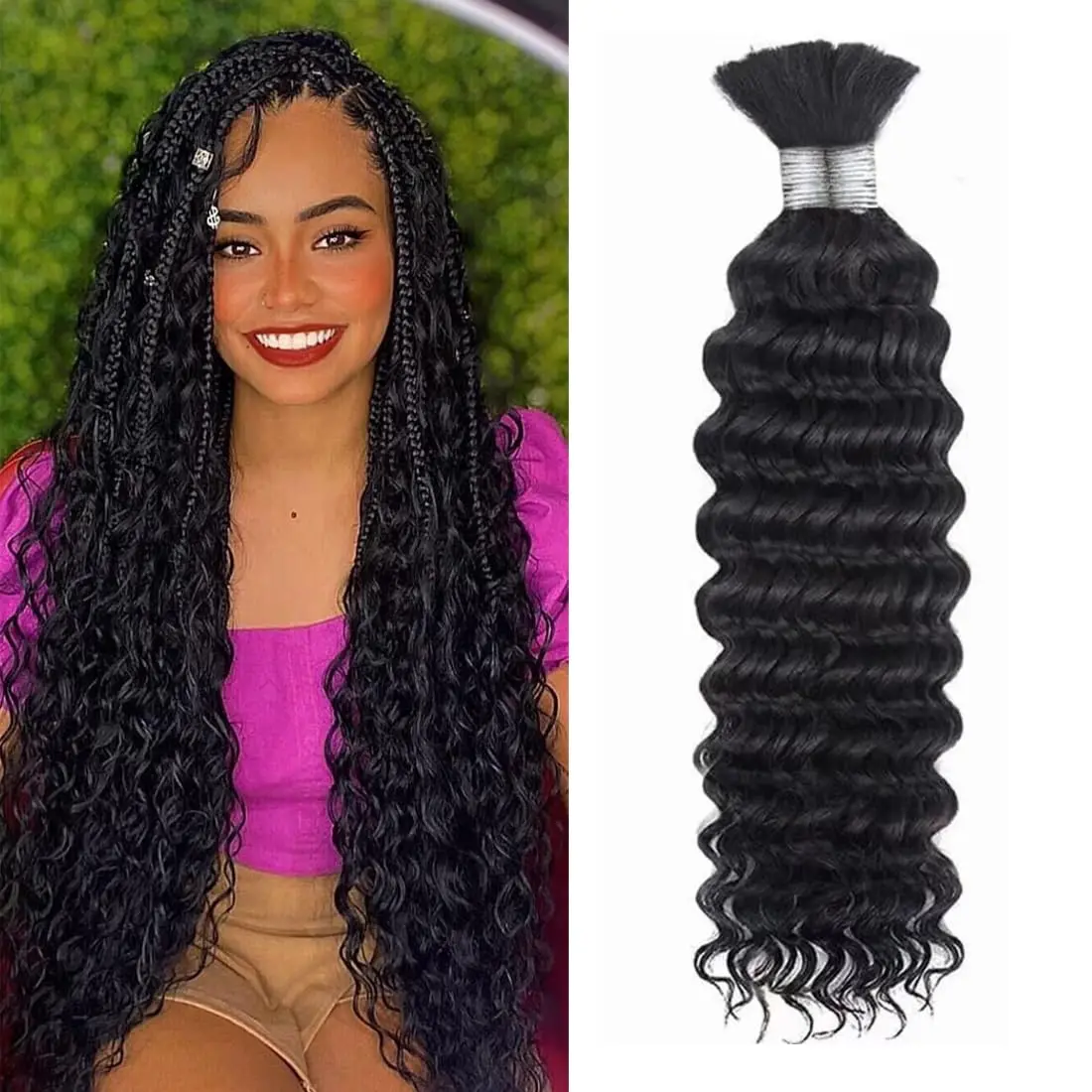 Deep Wave Bulk Cabelo Humano, 100% Virgem Brasileira Não Transformados, Tranças Boho, Preto Natural, 100g com 2 Pacotes