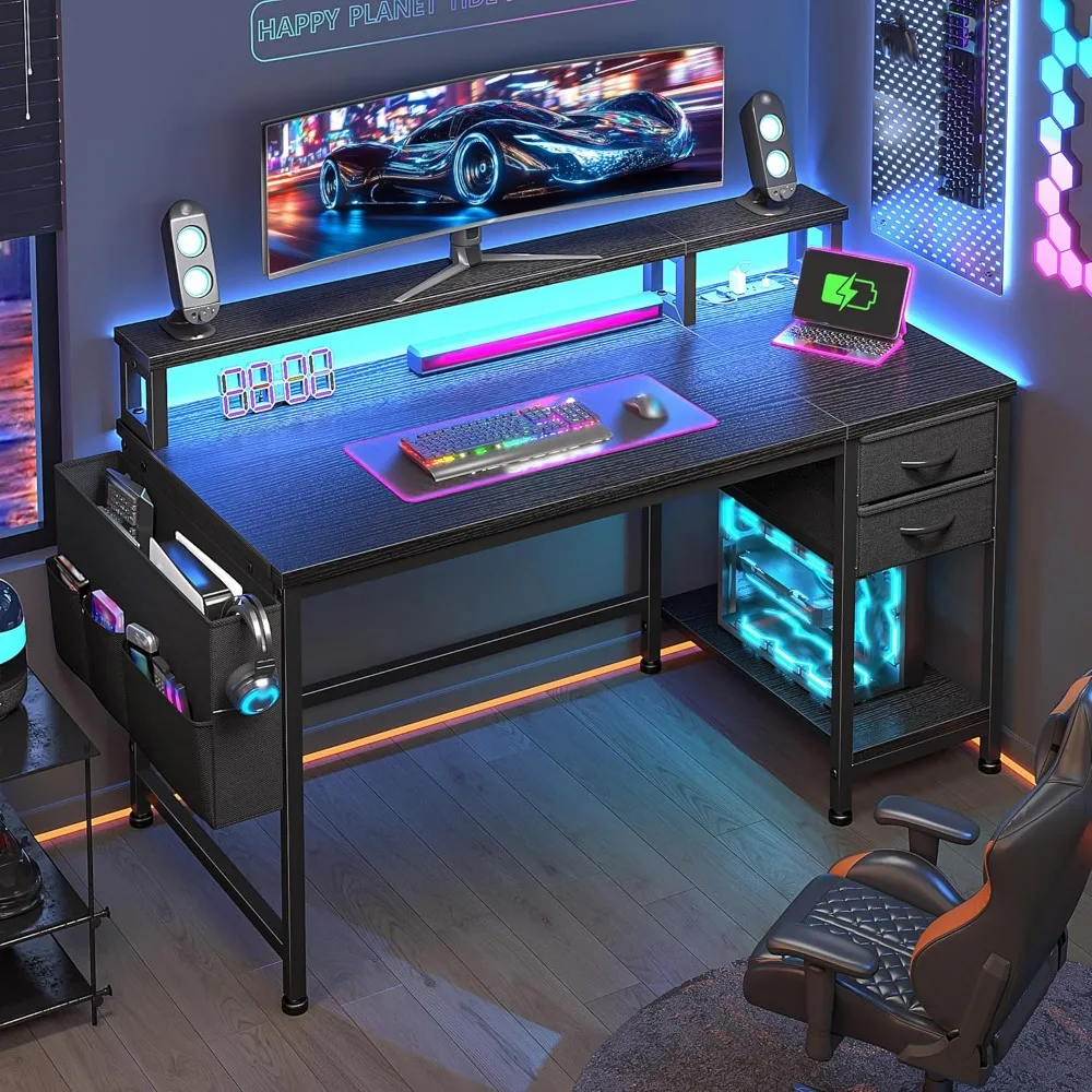 

40" Small Gaming Desk with LED Lights, Corner Computer Desk with Drawers & Storage Bag, Office Desks with Power Outlets & Monito
