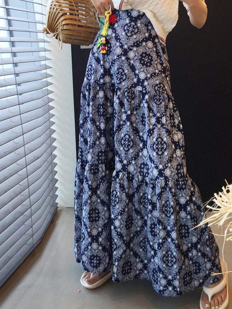 

Slimming High Waist A-Line Midi Skirt Korean Sle Summer New Design Ethnic Vintage Flared f-length Women's Skirt