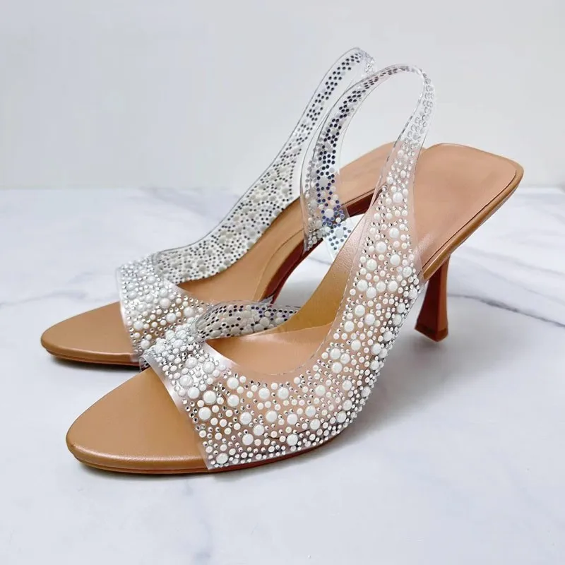 PSEEWE 2024 Women Sandals Fashion Rhinestone Slingback High Heeled Shoes For Woman Summer Pointed Toe Female Pumps Party Shoes