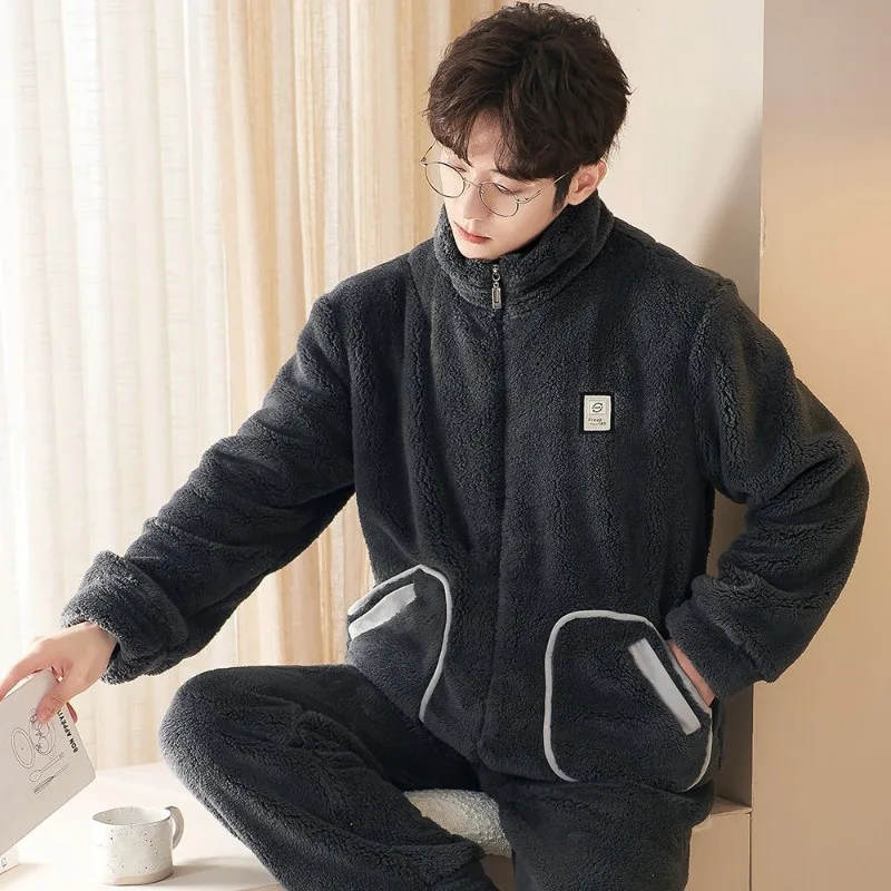 Men Winter Coral Fleece Pajama Set Thick Flannel Warm Loungewear Youth Home Wear Zipper Stand Collar Sleepwear