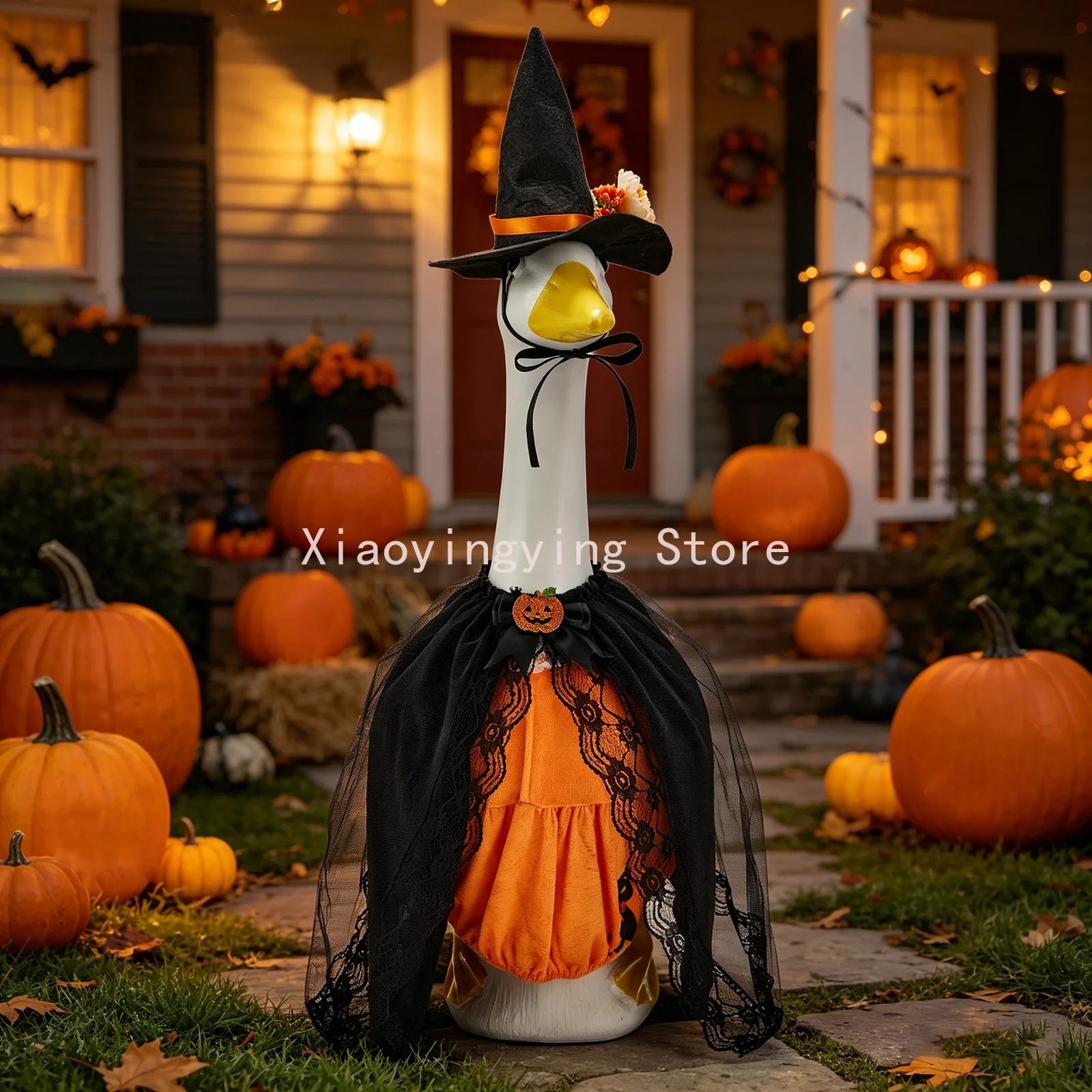 Witch Style Goose Outfit for 23 Inch Porch Goose,Pumpkin Black Cat Dress with Hat,Fall Garden Yard Decoration