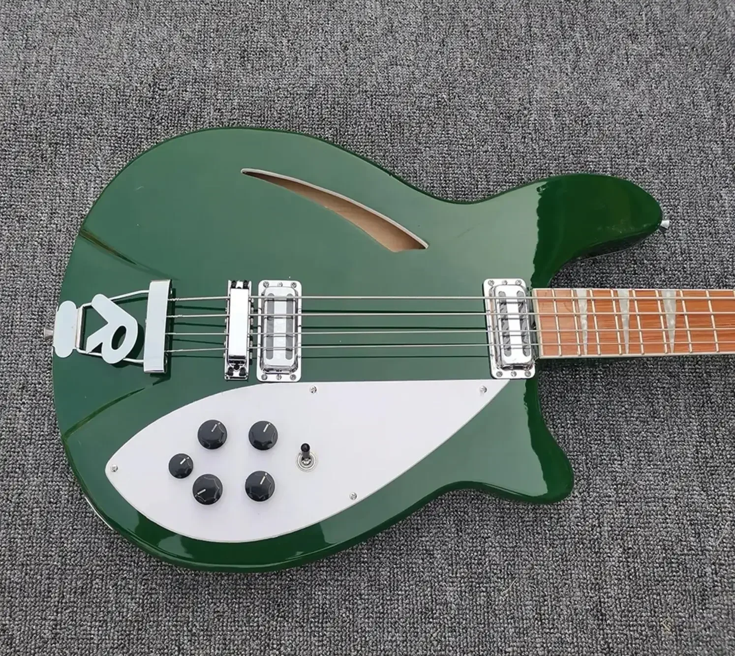 4005 4 Strings Dark Green Semi Hollow Body Electric Bass Guitar Triangle MOP Inlay Checkerboard Binding Rounded Body