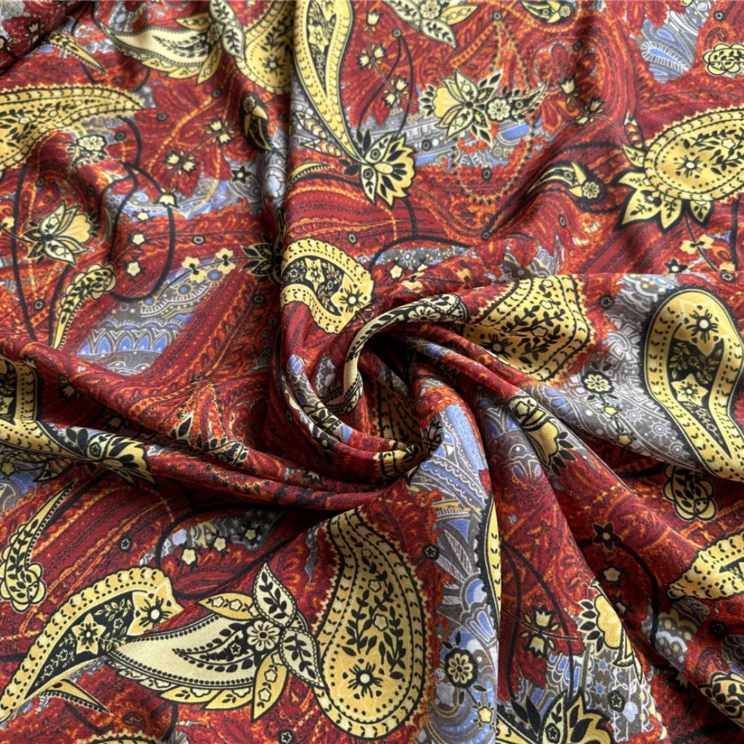 1 meter 100% Mulberry Silk 14 momme Crepe Silk Dark Red Floral Printed 136cm 53\