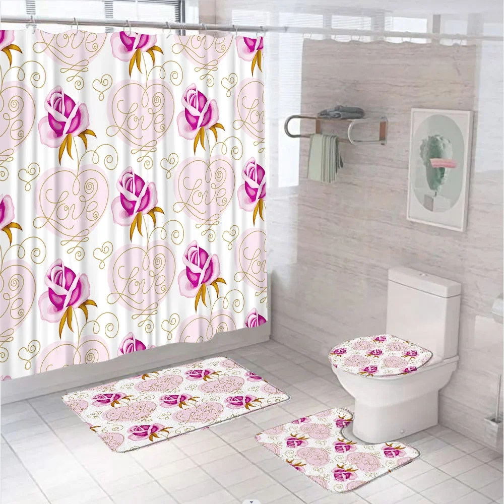 Pink Rose Love Shower Curtain Sets Valentine's Day Wedding Heart Flower Bathroom Curtains Non-Slip Bath Mat Rug Toilet Lid Cover