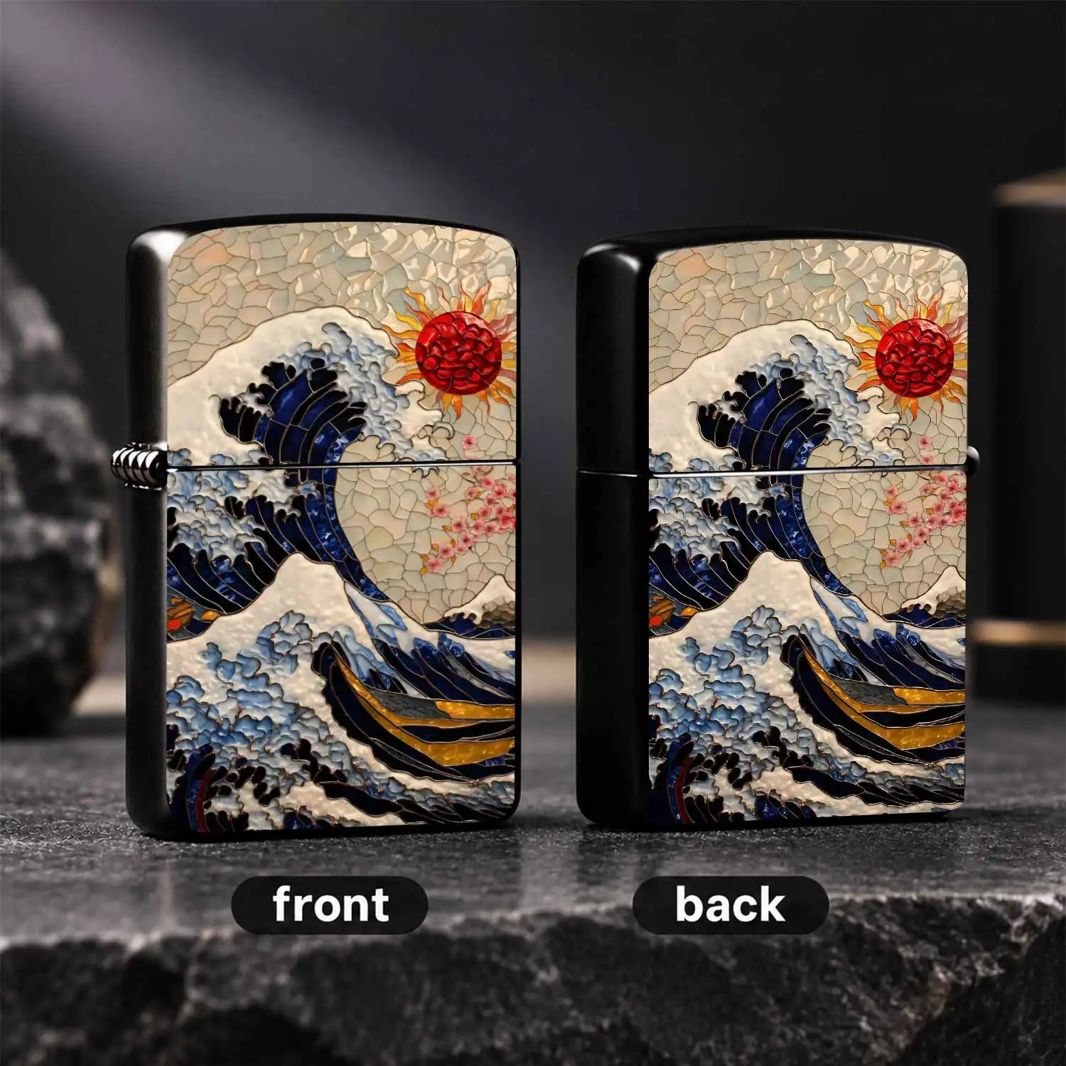 Vintage Stained Glass Style Hokusai Great Wave Pattern Lighter, Exquisite Inlaid Sun Cherry Blossom Themed Portable Igniter, Ideal For Daily Use Gifting, Multipurpose For Candle Incense Camping Scenes, Aesthetic Decorative Practical Tool A