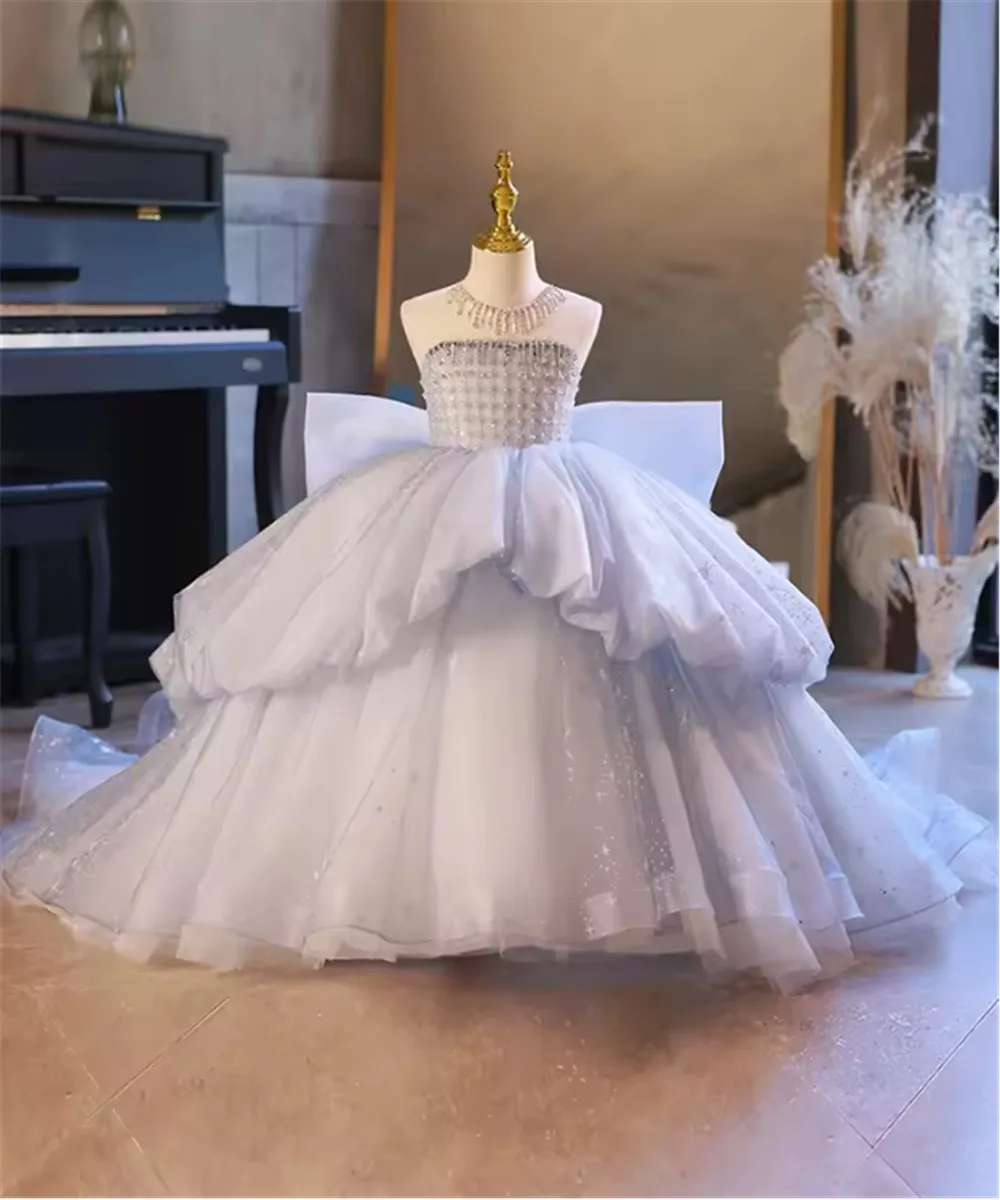 

Luxury Flower Girl Wedding Dress Sleeveless Beading Big Bow Princess Dress Children Evening Party Birthday Prom Dress