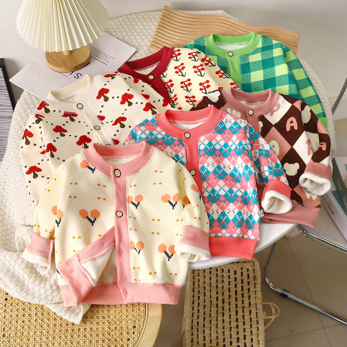 Autumn Winter Boys Girls Thickened Warm Knitted Cardigan Printed Inner Top Kids Soft Comfy Jacket Baby Stretchy Sweater Children