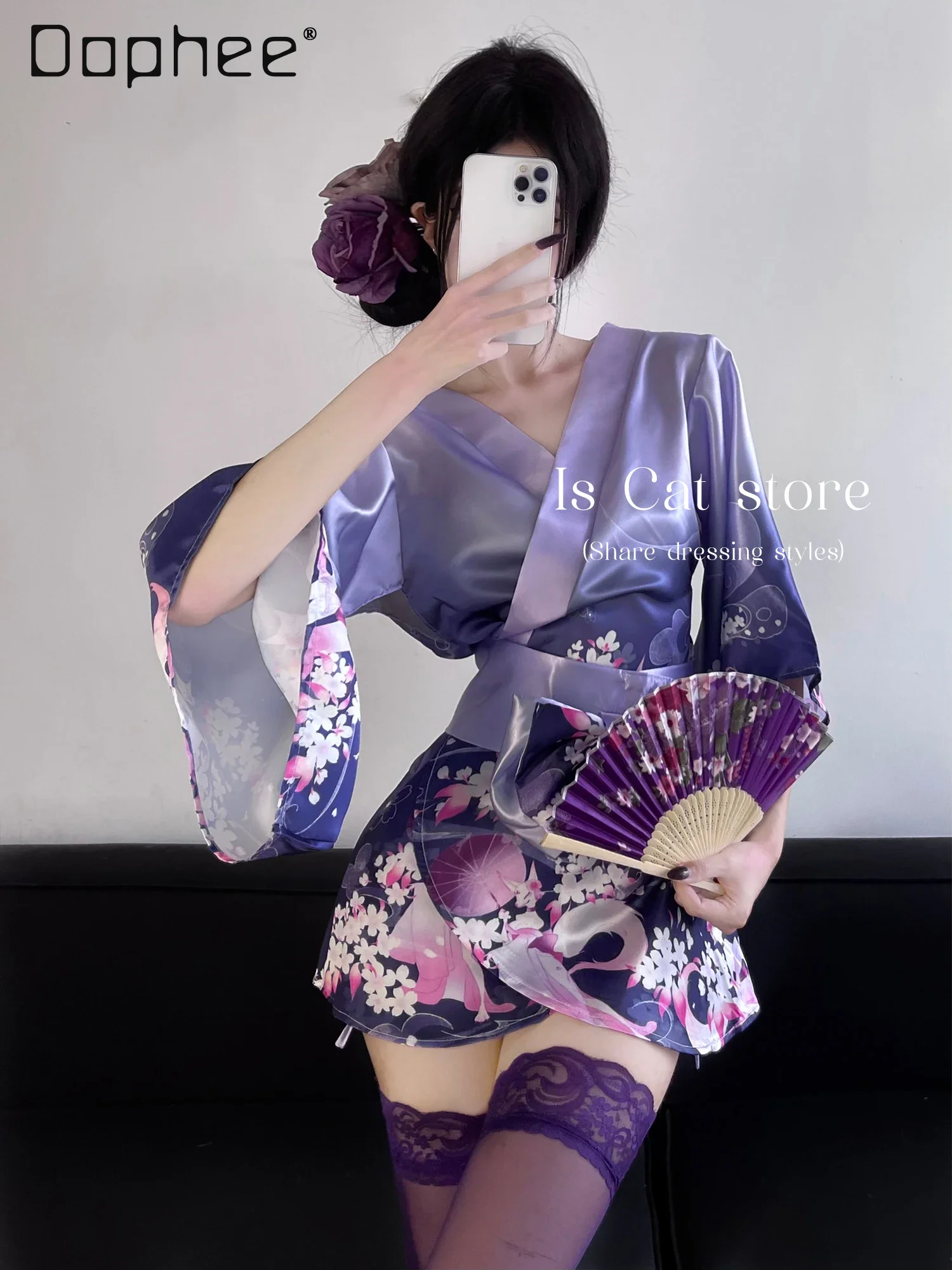 

Sexy Deep V Kimono Flower Print Bow Purple Japanese Uniform Bathrobe Yukata Cosplay Costumes Women Halloween Pink Loungewear