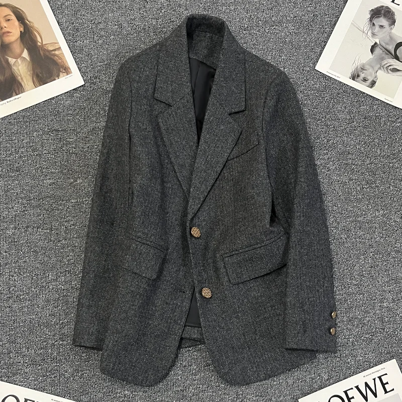Grey Woolen Suit Jacket for Women's Autumn Winter Fashion Commuting Office Lady Casual Loose Long Sleeved Tailored Coat