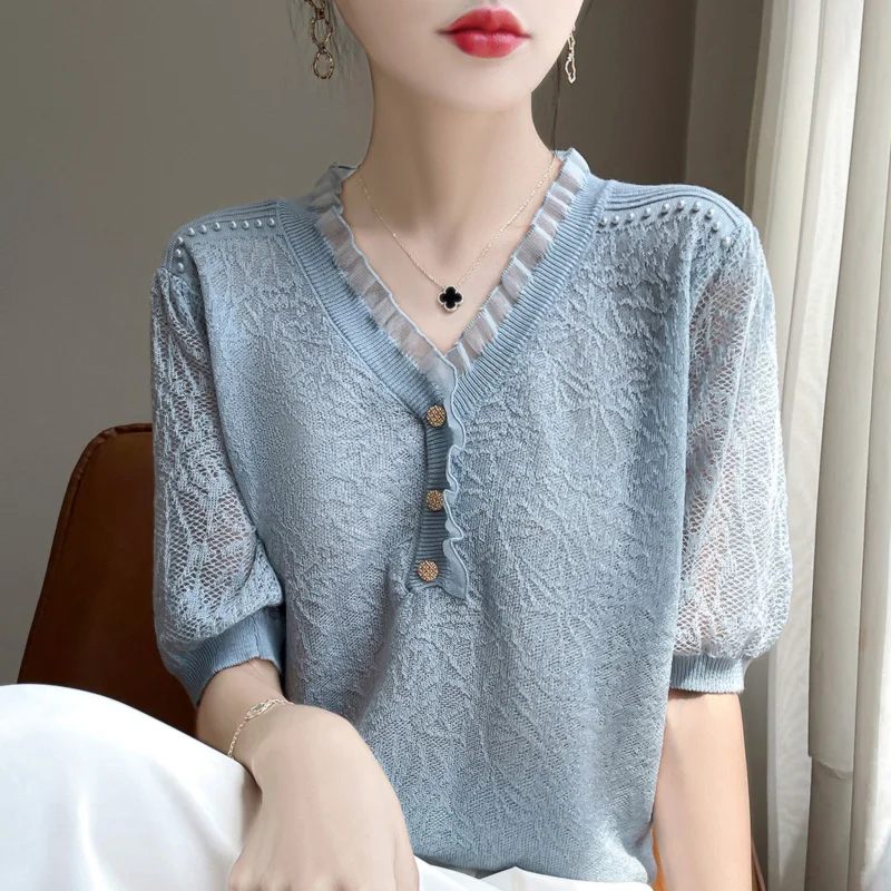 Summer New Temperament Collar Beaded Loose Jacquard Sweater Thin Blouse Lace Short Sleeve Slim Bottoming Shirt