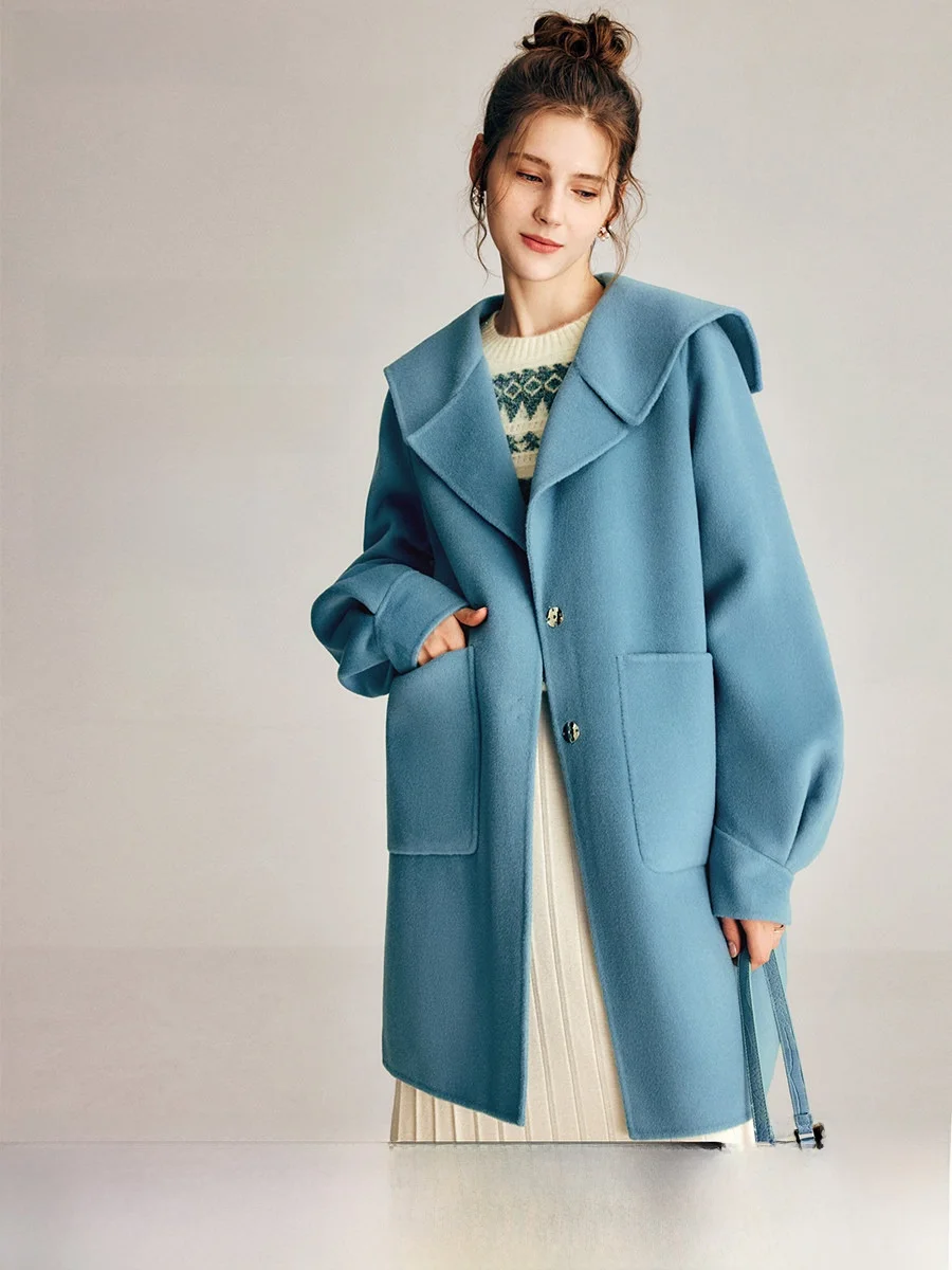 

Элегантное двустороннее шерстяное длинное пальто синего цвета с отложным воротником для женщин, осенне-зимняя новинка OLrain Ladylike Str...