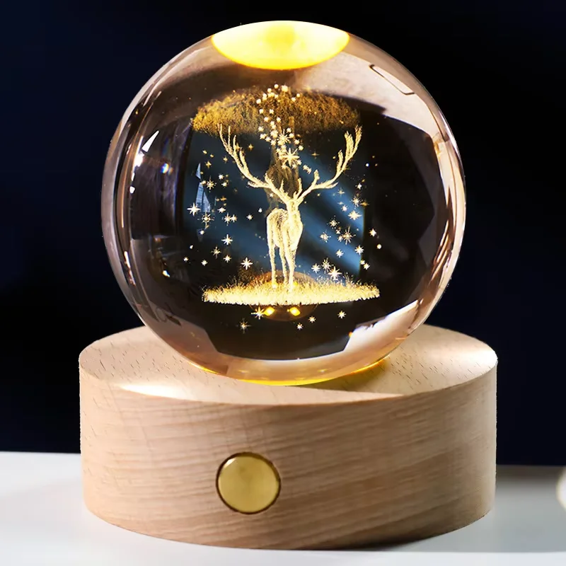 قاعدة خشبية مضيئة 6 سم؛ كرة كريستال منحوتة ثلاثية الأبعاد؛ زخرفة إبداعية على شكل نجمة ليلية؛ للطلاب