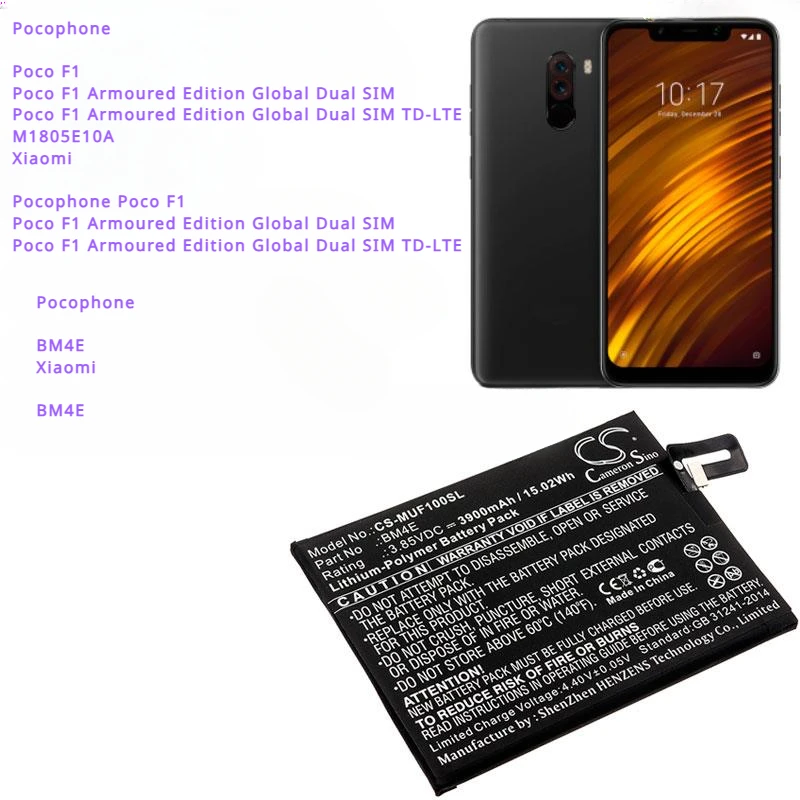 

Cameron Sino 3900mAh Battery BM4E for Xiaom/Pocophone M1805E10A, Poco F1, Poco F1 Armoured Edition Globa