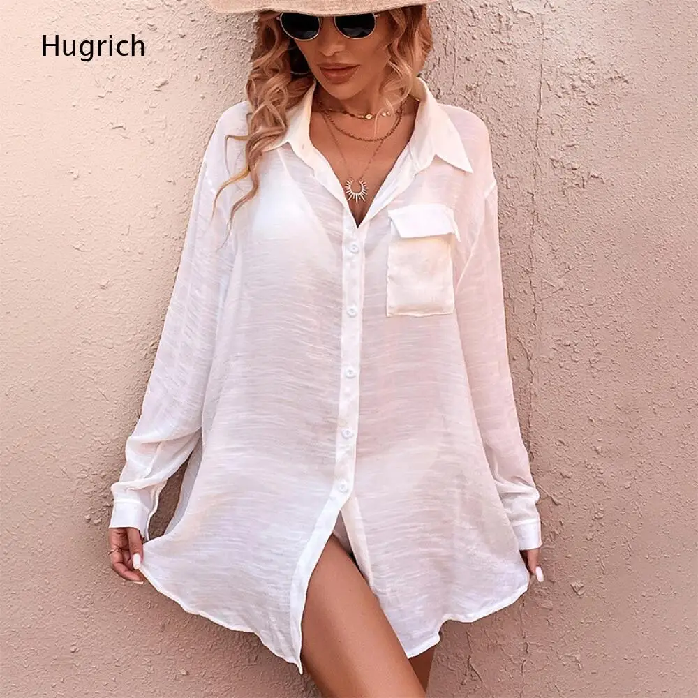 Solid White Textured Oversized Shirt Cover Up Collared Long Sleeve Chest Pocket Button Front Loose Beach Swim Outer Tunic