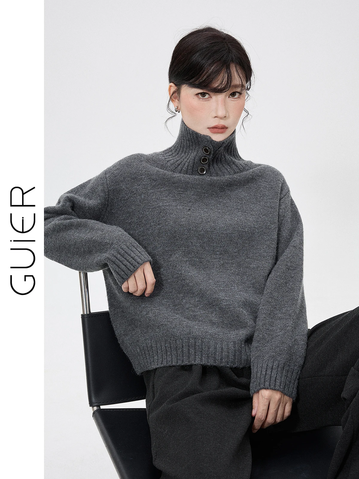 

Guier Women's High Collar Sweater 2025 New Winter Loose Slim Soft Lazy Knitted Top Casual Sle Long Sve Regular Fit