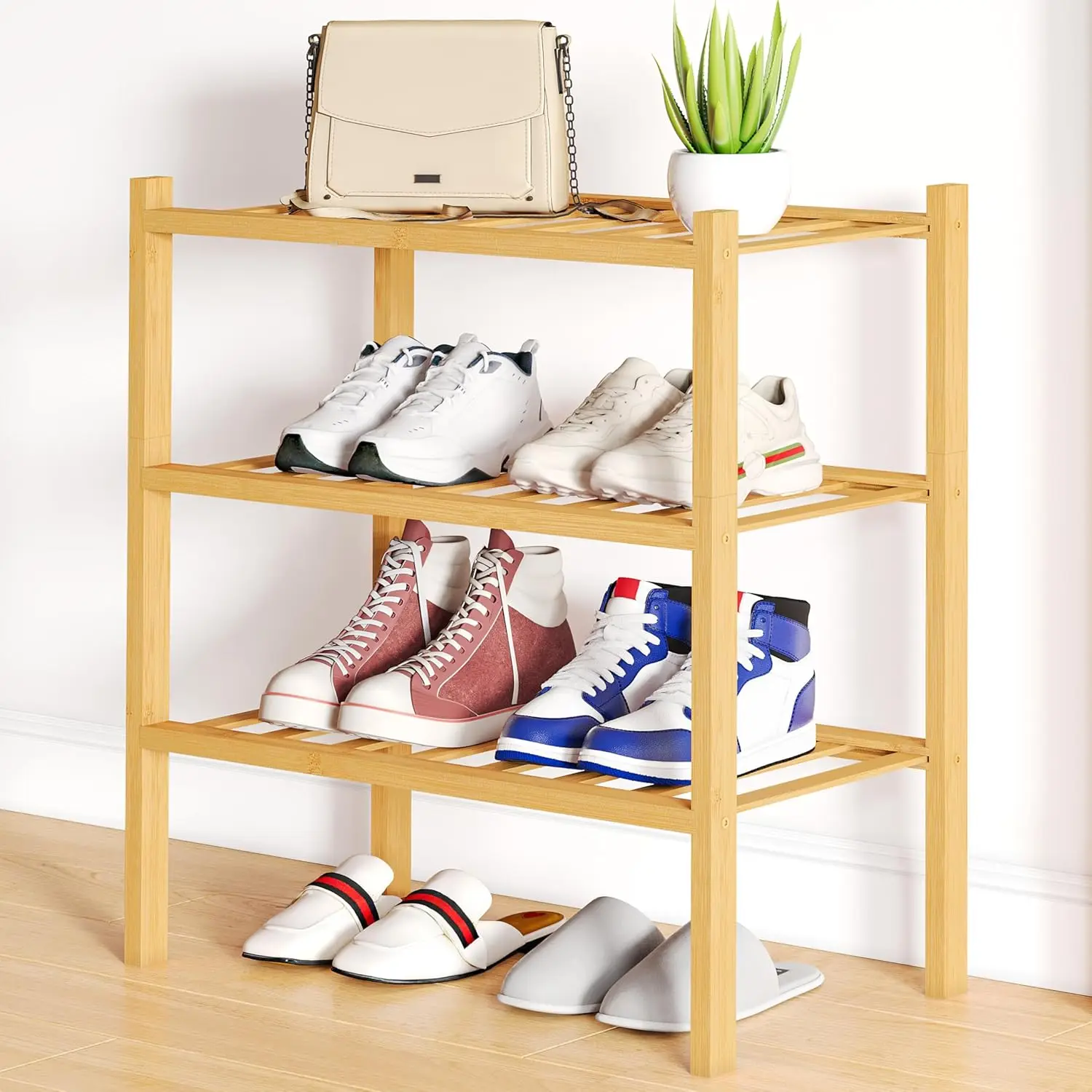 

Shoe Rack, 3 Tier Small Bamboo Shoe Organizer, Stackable Free Standing Wooden Shoe Storage Shelf For Closet, Entryway, Front