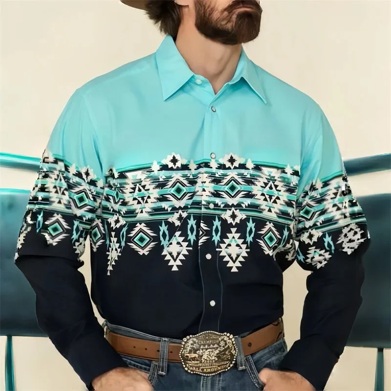 Men's Western Cowboy Style Ethnic Geometric Print Shirt, Vintage Long-Sleeve Lapel Fashion Casual Men's Top, Sizes S-6XL