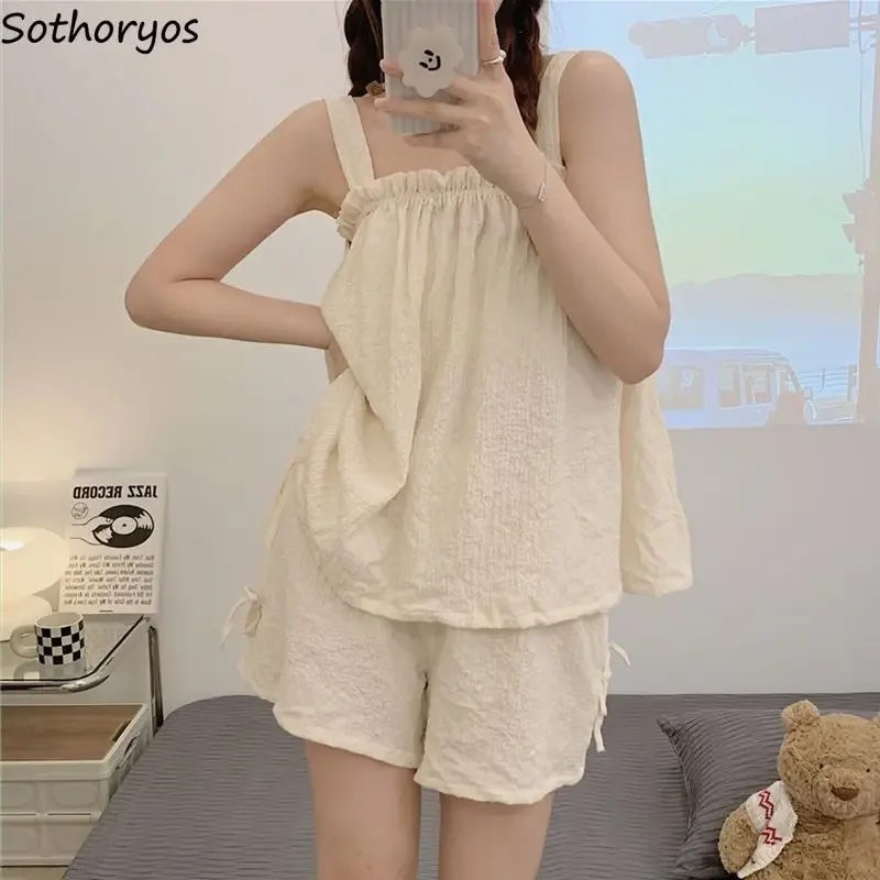 Women Pajama Sets Pure Color Simple Basic Sleepwear Lovely Schoolgirls Trendy Japan Style Cozy Summer Lounge Sleeveless Design