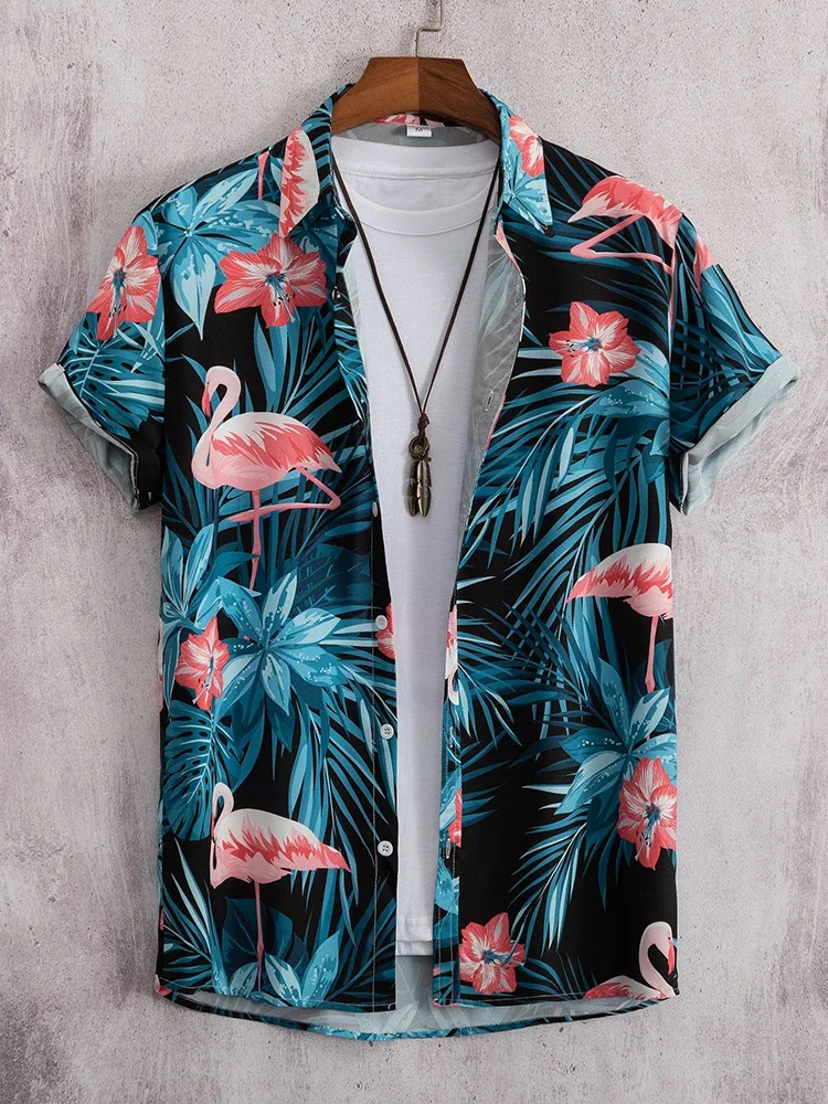 

2023 Hawaiian Shirt Men Fashion Flower Geometric Printed Blouse Beach Single-breasted Short SleeveTops Holiday Men's Clothing