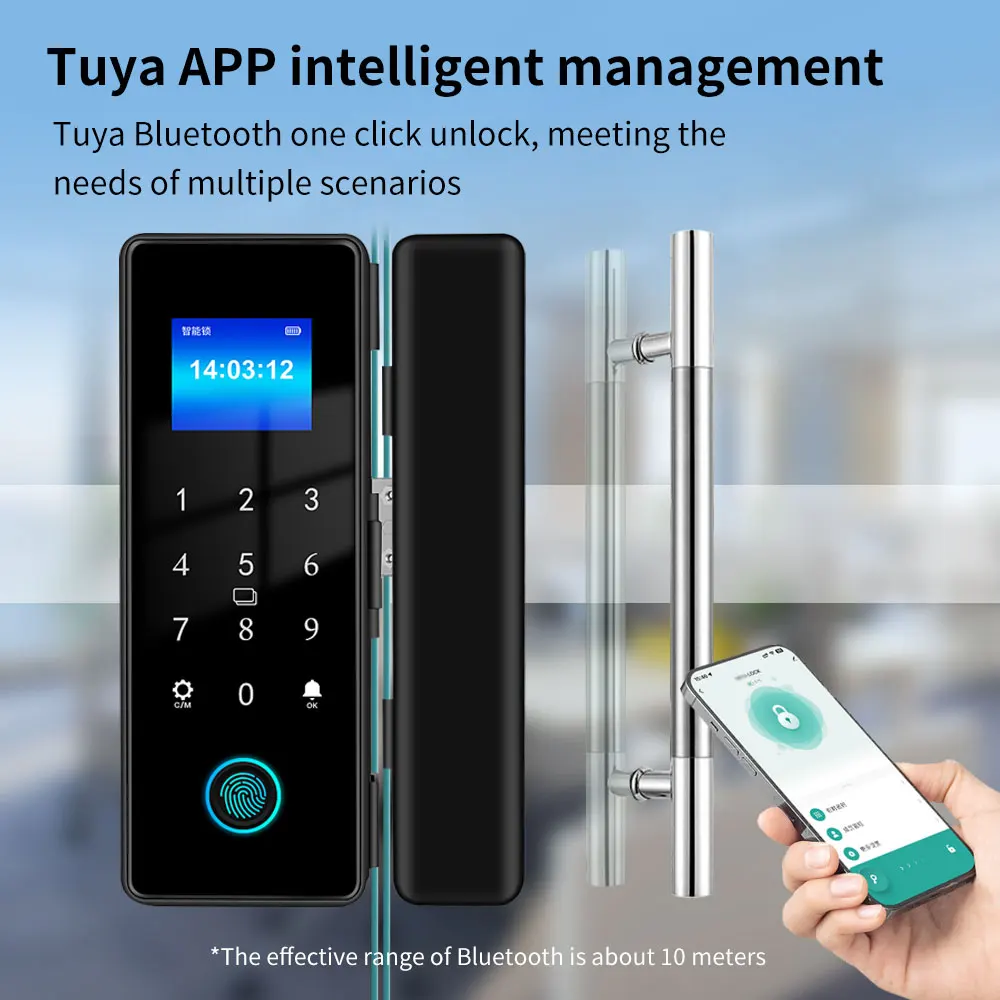 Tuya APP Glasses Fingerprint Lock Bluetooth Smart Glass Door Biometric Electronic Door Lock 13.56Mhz RFID Remote Control Unlock