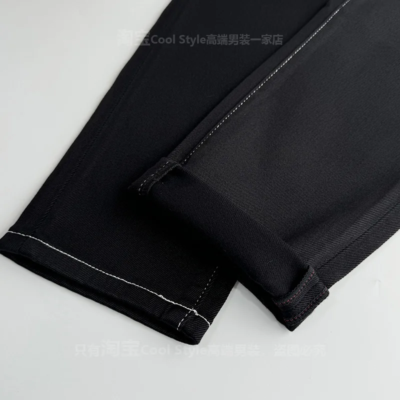 Pure black jeans, men's stretch slim fit, small feet, autumn thick denim, fashionable light luxury pants