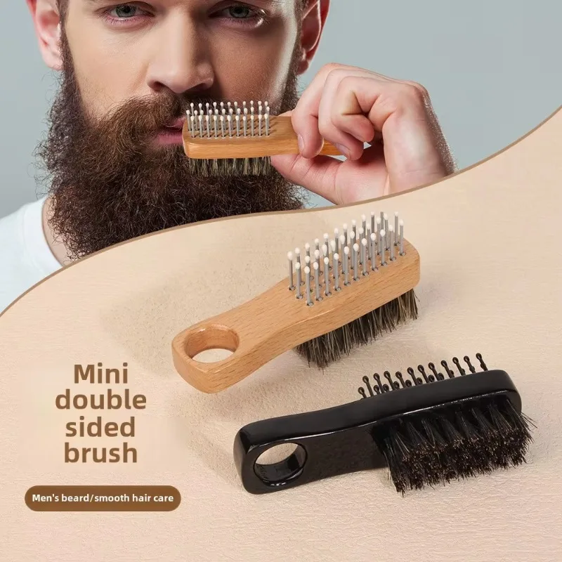 Mini escova de barba dupla face pente de cabelo de madeira escova de estilo de barba profissional escova de barba barbeiro cabelo quebrado remover pente