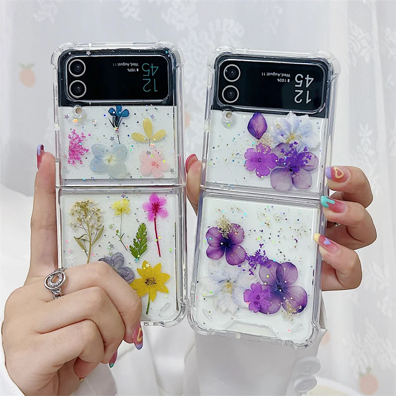 Bling Glitter Colorful True Flower Phone Case for Samsung Galaxy Z Flip 3 Z Flip 4 5G Gel Silicone Clear Shockproof Cover