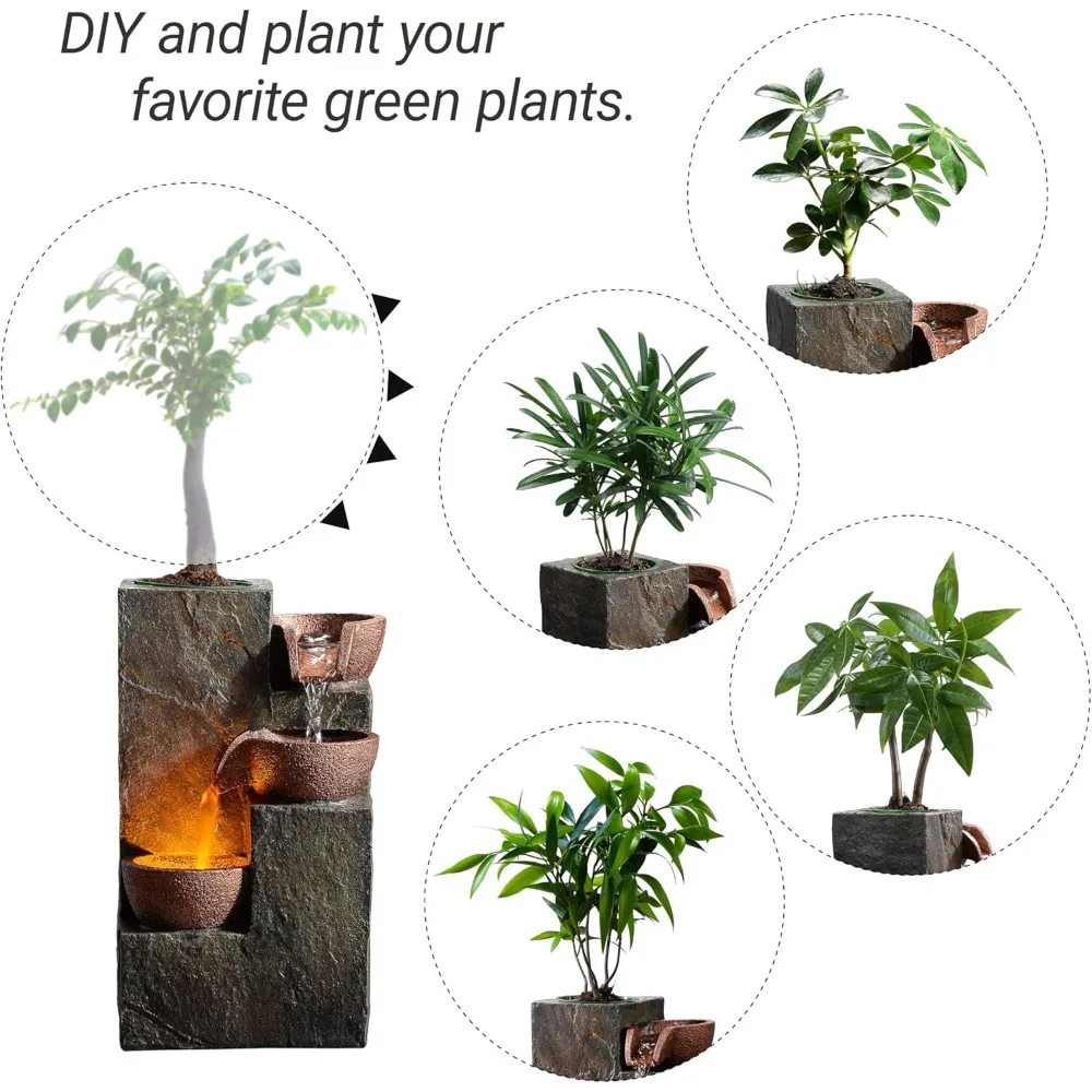 نافورة شلال صخرية من 3 طبقات مع ضوء LED دافئ وعاء زراعة DIY - ديكور مكتب مريح #3
