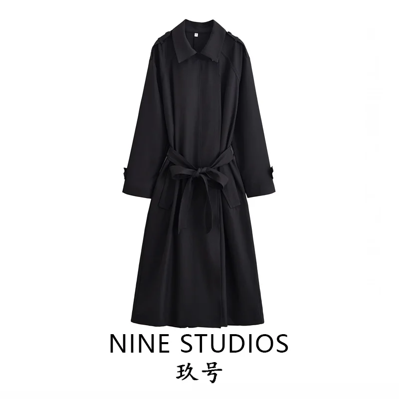 

Loose Fit Long Coat Windbreaker Outerwear with Belt Workwear Sle Women's Faion Autumn Collection Straight Cut Design