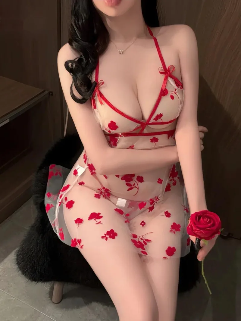 Donne sexy rosa ricamo prospettiva cheongsam puro desiderio indumenti da notte stuzzicante uniforme vestito allettante elegante puro dolce CCX7