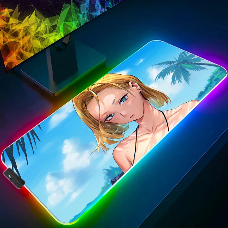 Alfombrilla de ratón LED Dragon Ball Android 18, ordenador portátil, teclado de Anime, alfombrilla de ratón RGB, teclados para jugadores, alfombrilla de escritorio con retroiluminación