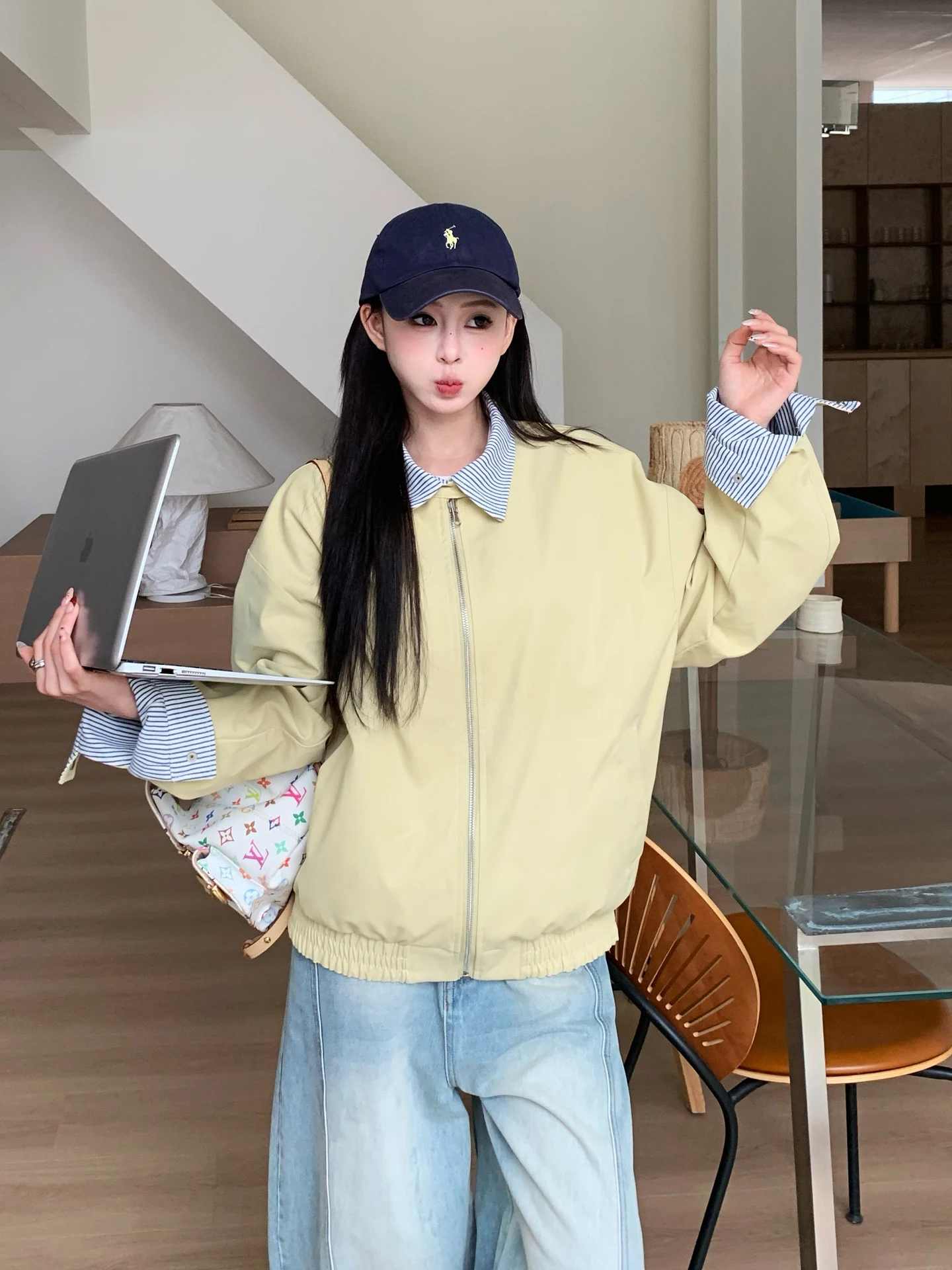 

ER Oh Three Sister American Stripe Double-Sided Wear Casual Loose Collar Women's Jacket Korean Style Vintage Short Outerwear